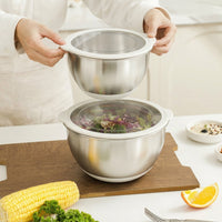 Stainless Steel Bowl Set of 3 with Graters, 304 Mixing Bowl for Meal Prep, Salad Serving Bowl with Transparent Center Lids and Non-Slip Bottom
