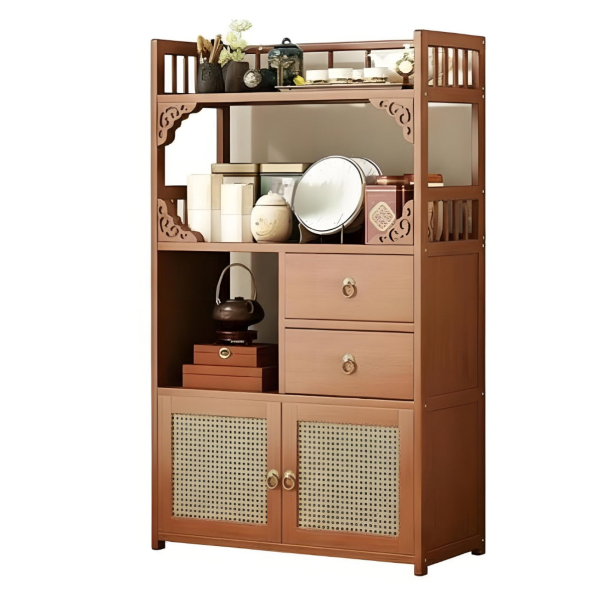 Multi-Functional Chinese aesthetic Tea Station Space-Saving Design Household Storage Integrated Water Kettle Holder Display Shelf Tiered Shelving for Homeowners, Collectors, Living Room, Study, Office, Kitchen