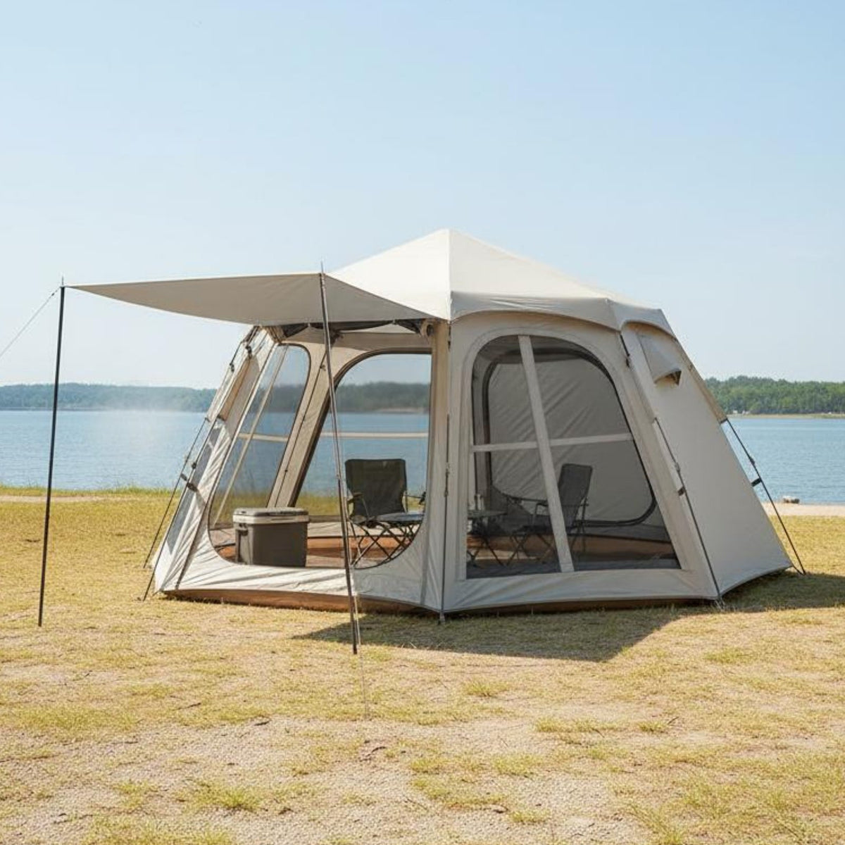Protection Hexagonal Tent with Canopy Detachable Design Large Family Tent Wind Resistant Camping Shelter Waterproof for Families