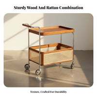 Dual-Level Rattan Trolley Vintage Aesthetic Mobile Side Table Woven Shelves Space-Saving for Hosts, Living Room, Bedroom