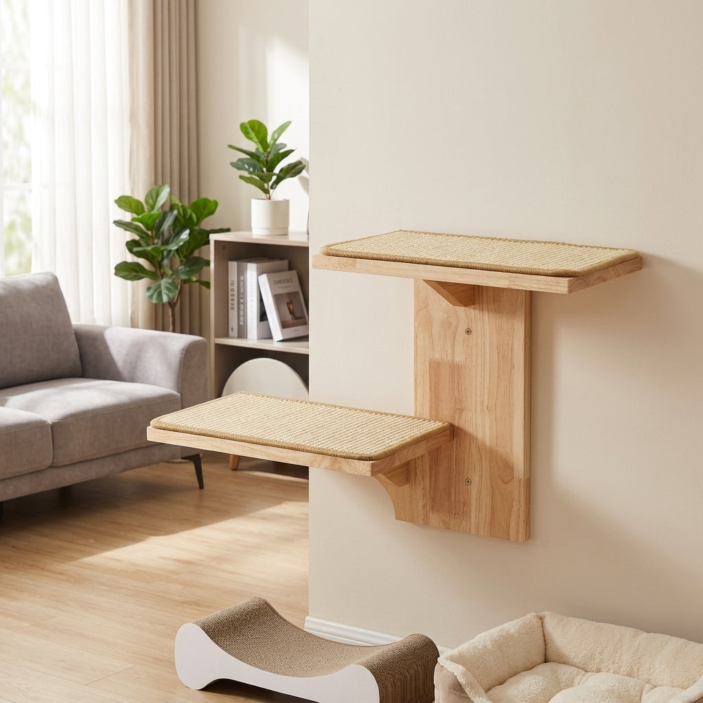 Cat Shelves Wall-Mounted Solid Wood Climbing Frame, 2-Step Playground with Sisal Mat, Simple Style Perch for Indoor Kittens Sleeping and Playing