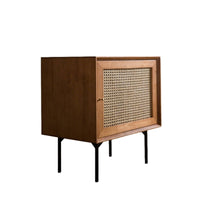 Rattan-Front Nightstand Japanese Design Bedside Table Sturdy Wood Legs Minimalist Design for Adults, Bedroom, Living Room
