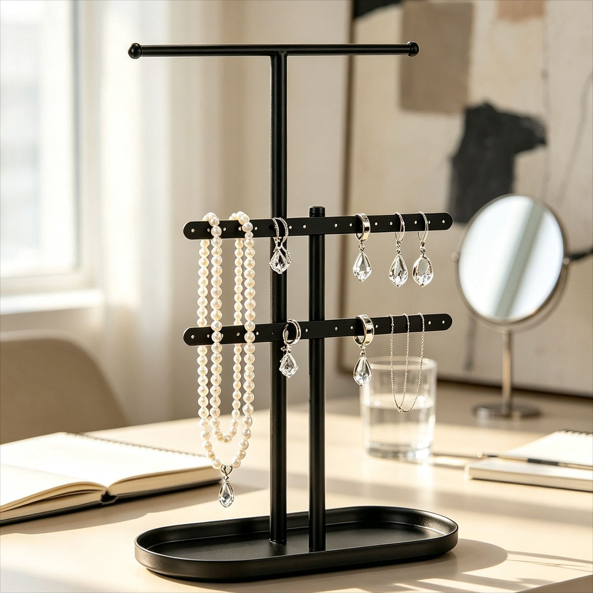Luxury Black Metal Earring Display Rack with Two Tiers for Home Organization