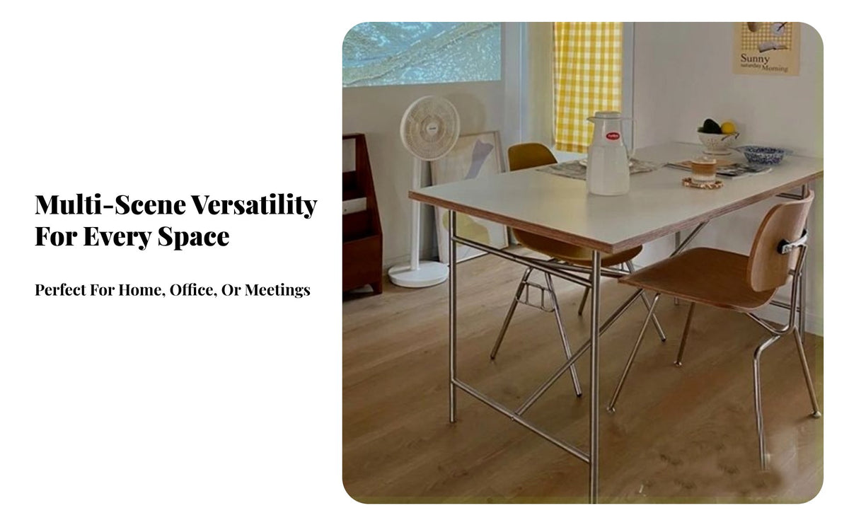 Modernist design aesthetic Long Rectangular Table utilitarian Design Trestle Leg Dining Table sturdy Wood Top Household Furniture Minimalist visual design aesthetic for Home Workers, Homeowners, Families, Meeting Room, Kitchen