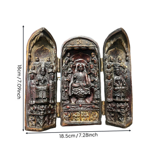 Antique Style Buddha Shrine Decorative Display Piece Triptych Buddha Altar Meaningful Design Carved Buddhist Figurine Set for Collectors