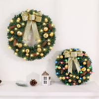 Christmas Wreath with Lights, PVC, Gold Bow and Pinecone, 60cm