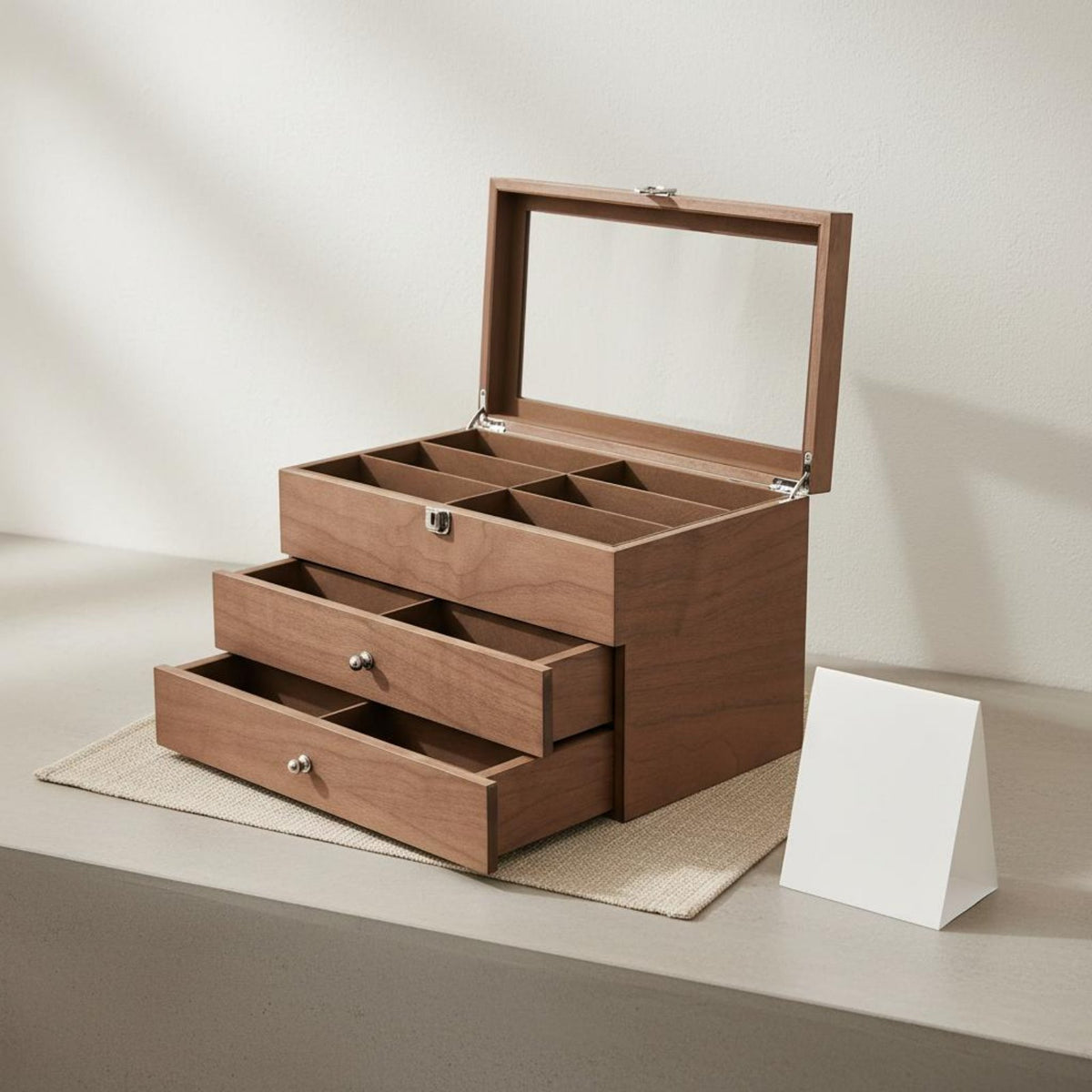 Walnut Finish Glasses Chest Large Capacity Wooden Sunglasses Display Case 18 Compartment Glasses Box Dustproof