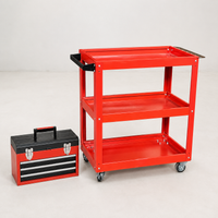 3-Tier Rolling Tool Cart, Red Painted Steel Service Cart 70x35cm, Mechanic Workshop Trolley with Locking Wheels