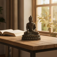 Buddha Statue with Oval Base Golden Meditating Buddha Figurine Indoor for Altar