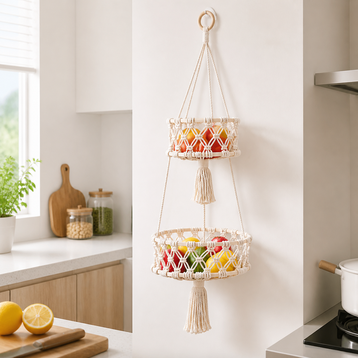 Bohemian Hanging Basket for Fruit, Handmade Macrame Hanging Basket for Kitchen, Cream Textile Fiber Fruit Hammock Storage