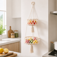 Bohemian Hanging Basket for Fruit, Handmade Macrame Hanging Basket for Kitchen, Cream Textile Fiber Fruit Hammock Storage
