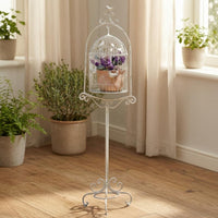 Birdcage Flower Stand Distressed White Round Plant Riser Arched for Courtyard