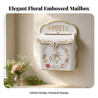 Embossed Floral Bird Mailbox Gold Trim Wall-Mounted Decorative Metal Mailbox