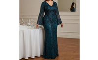 Sequin Mermaid Gown Stretch Material Long Sleeve Sequin Dress Plunging Neckline