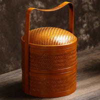 Bamboo Carry Box with Lid Handwoven Two-Tier Woven Basket Bamboo Basket with Handle Double-Layer Vintage-Style for Hosts