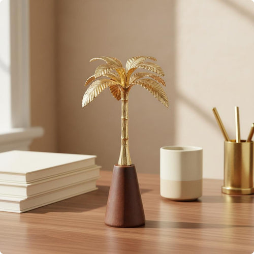 Gold Palm Tree Ornament Compact Size Artificial Tropical Palm Decoration Flat Bottom Coconut Tree Figurine for Office, Hotel