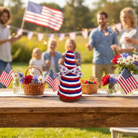 Independence Day Cone Tree Handmade Independence Day Tabletop Decor Rustic Wood Base Yarn Wrapped Cone Decoration for Tiered Tray, Mantel, Shelf