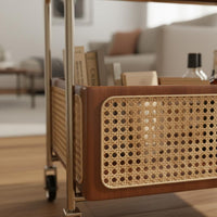 Movable Rattan Trolley Table Easy to Move Rattan Side Table Storage Rack Vintage Bedside Shelf Space-Saving for Living Room