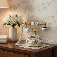 Decorative Ceramic Flower Phone Floral Print Design Telephone No Batteries Needed for Living Room, Gift, Office