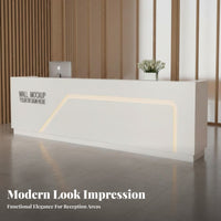 Contemporary Salon Front Desk High-Gloss Finish Minimalist Welcome Desk Sleek Look White LED Reception Counter for Retailers, Salons, Spa, Hotel Lobby