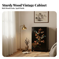 Hand-Painted Floral Cupboard Chinese aesthetic Nightstand Handmade Vintage Look for Art lovers, Bedroom, Hallway