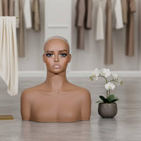 Lifelike Shoulder Mannequin Bust Defined Neckline Shoulder Bust Model Realistic Eyelashes Female Mannequin Head Red Lips for Photo Studio