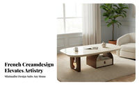 2 Pieces French Cream aesthetic Pebble-Shaped Table pair Built-in Light Living Room Furniture With Storage Drawer Accent Tables Artistic Design for Apartment Dwellers, Homeowners, Students, Small Spaces, Lounge Area, Office, Study
