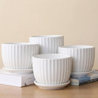 Plant Pots for House Plants and Indoor Plants, Pack of 4 Glazed Ceramic Pots with Saucer, Faceted Flower Pots for Home Office, Floor-standing