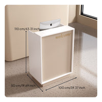 Small Reception Desk Minimalist Front Desk Modern Cashier Stand Sturdy Particleboard Structure with Ample Storage Suitable for Shop Salon Lobby Office