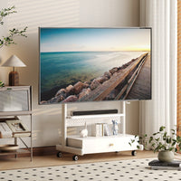 Mobile TV Stand with Cabinet Locking Brakes Rolling TV Cart with Drawer Adjustable Height Built-in Storage Suitable for Renters Small Areas Conference Room Exposition Show