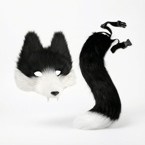 2 Pieces Animal Mask and Tail Set Furry Mask Soft for Dress-up Parties