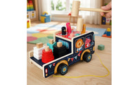 Pull-Along Wooden Toy Bus Multi-Functional Whack-Apeg Toy Developmental Pounding Bench with Mallet Educational for Toddlers, Babies, Playroom, Daycare