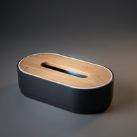 Car Accessories and Modern Tissue Box for Living Room, Bamboo Oval Shape Facial Tissue Holder with Lift Mechanism, 21.3x11.2x6cm Black Design