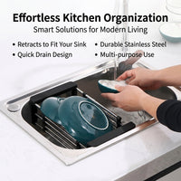 Extendable Drain Rack and Stainless Steel Dish Rack, Kitchen Sink Drainer with Built-in Cutlery Basket, Rectangular Extendable Drain Basket
