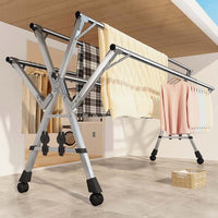 Stainless Steel Floor Standing Clothes Drying Rack, Foldable, Retractable, Mobile, for Balcony and Bedroom