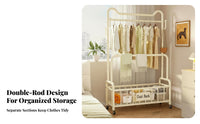 Large Capacity Rolling Clothes Rack with Wheels Stable & Sturdy Rolling Clothes Rack Space Saving Double Rod Garment Stand with Basket Easy Assembly for Homeowners, Families, Bedroom, Laundry Room, Entryway, Walk-in Closet
