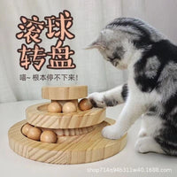 Solid Wood Cat Toy Three-Layer Turntable with Rolling Ball