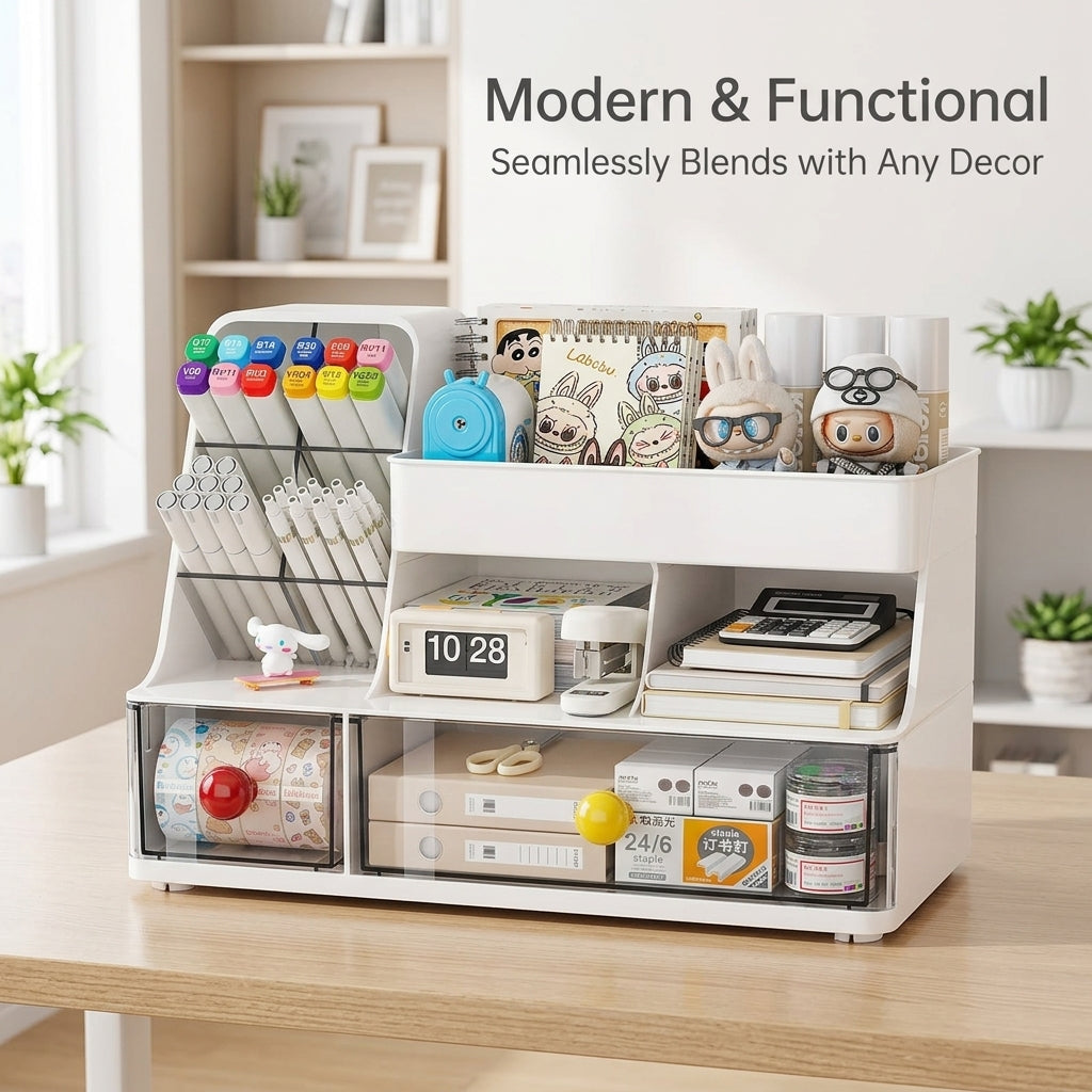 Drawer Organizer for Office Desk, Large Capacity Storage Box with Angled Pen Holder, Multi Compartment Style, Extra Thick Material