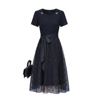 Summer Dress for Plus Size Women with Mesh Panel Overlay, Elegant Midi for Wedding Guest and Business Casual