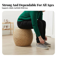 Woven Pouf Solid Wood Frame Round Rattan Ottoman Boho Footstool for Entryway, Balcony