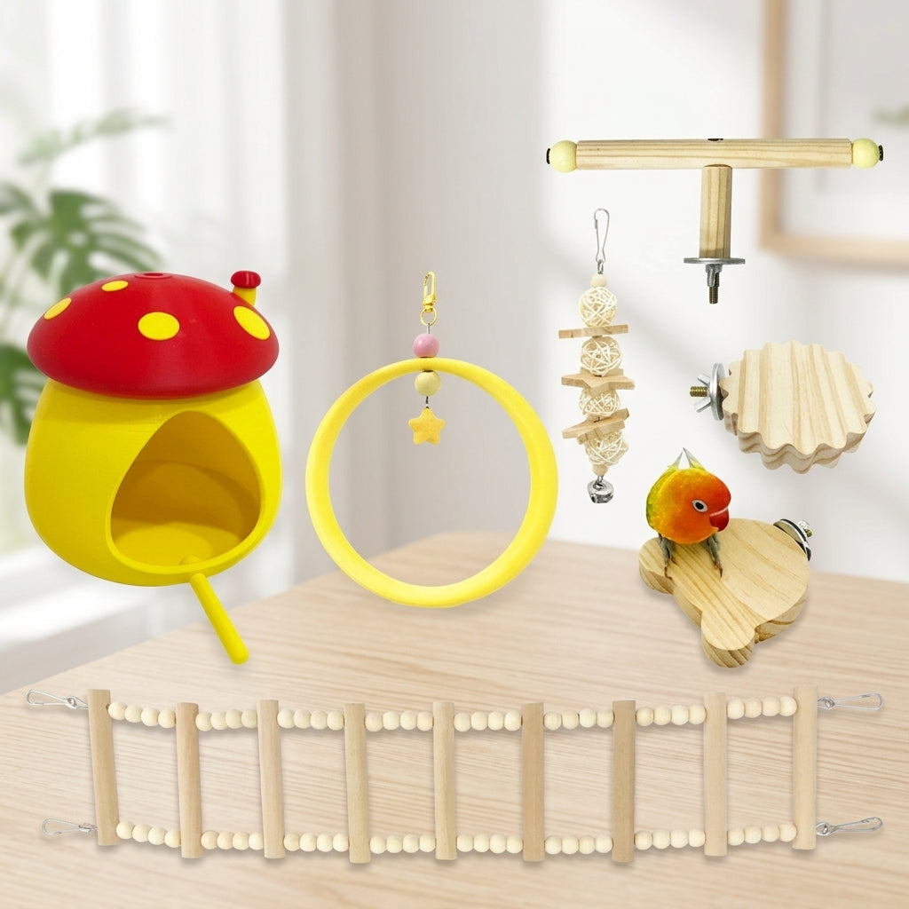 Parrot Toys 7 Pack with Cage Decor, PLA Material Bird Cage Hideaway and Swing Ladder, Indoor Enrichment for Small Parakeets Boredom Climbing