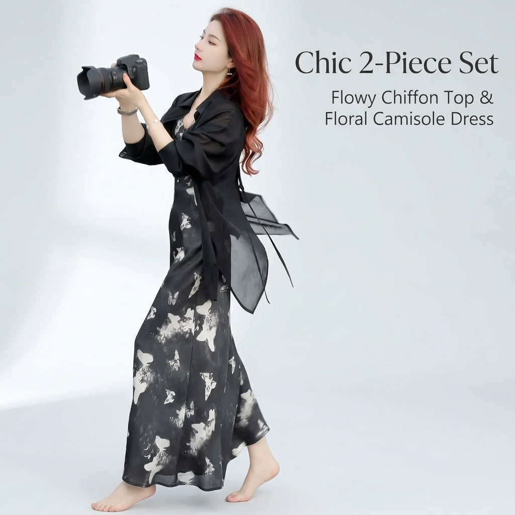 Two Piece Dress Set for Women with Long Sleeve Sheer Jacket and Adjustable Strap Tank, Wedding Guest Dresses for Birthday and Formal Events