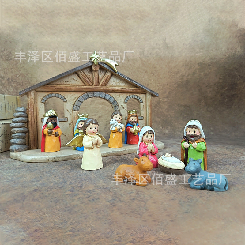 Faux Wood Carved Nativity Scene Resin Craft Christmas Home Decor