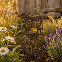 Highland Cow Stake Sign Weathered Finish Highland Cow Stake Floral Design