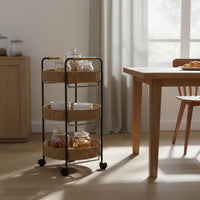 Imitation Rattan Rolling Cart Handwoven 3 Tier Basket Shelf Movable  Storage Cart for Living Room