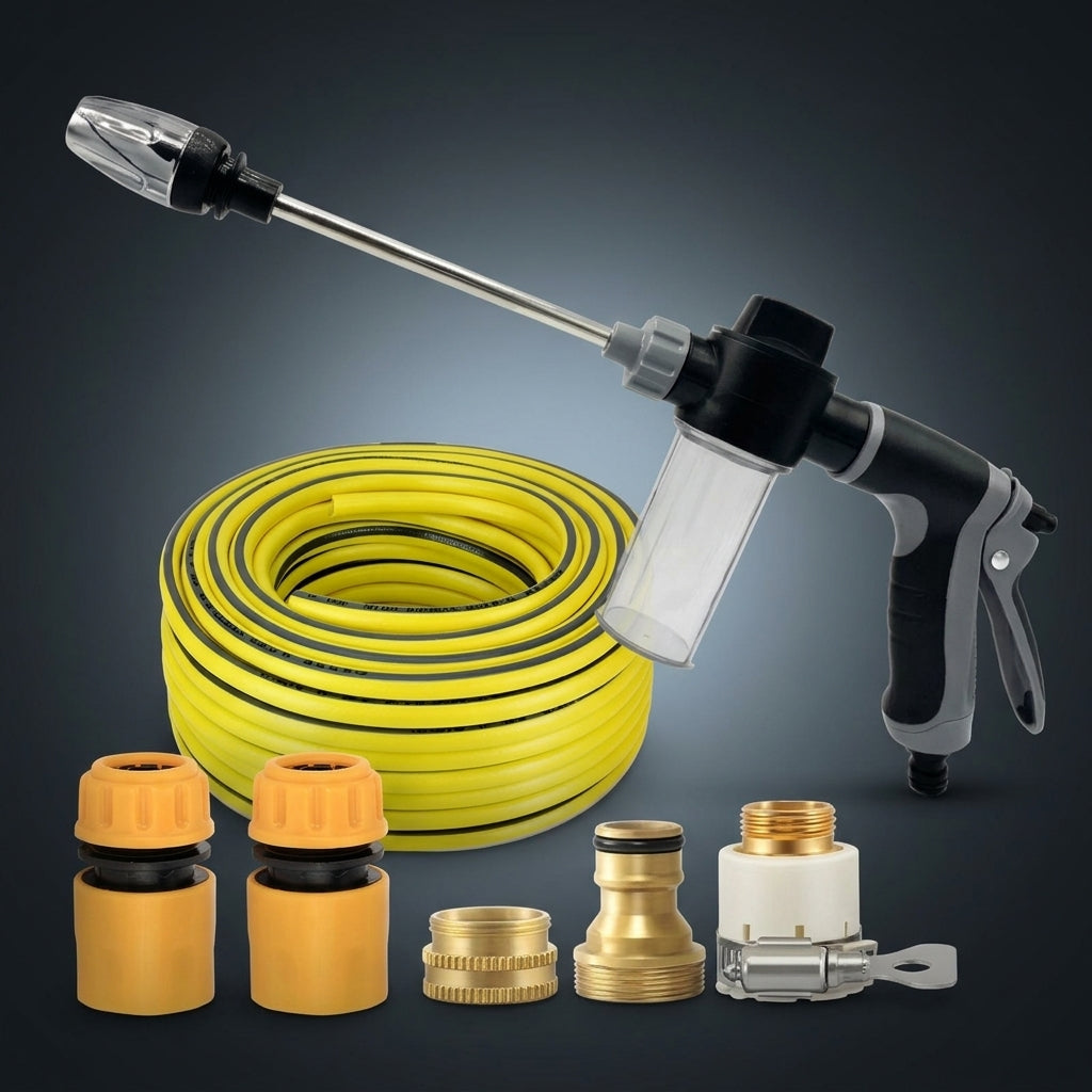 Car Cleaning and Car Wash Kit with Foam, Garden Hose Nozzle Water Sprayer for Lawn Care, 10m Spray Distance, Long Handle Hose Spray Wand