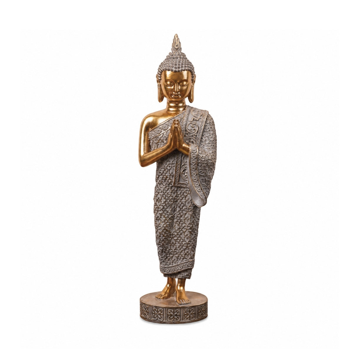 Buddha Statue with Pedestal Golden Standing Buddha Statue Peaceful Sculpture for Buddhists, Altar