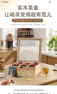Wooden 9-Compartment Tea Bag and Coffee Capsule Storage Box with Glass Lid