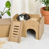 Hamster Wooden Villa with Multi-Chamber Layout, Square Syrian Hamster Hideaway Featuring Stairs and Openings