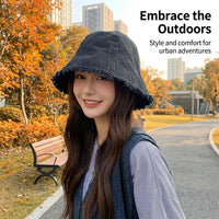 Sun Hats for Women Frayed Edge Bucket Polyester Outdoor Activities Casual Wear, Short Brim Flat Top Basin for Autumn